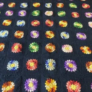 Vtg Colorful Granny Square Crochet Afghan Blanket Throw Roseanne Handmade 50x60"
